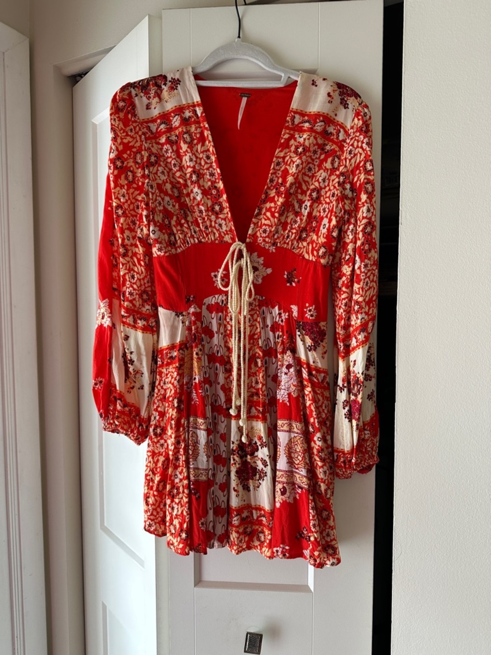 Free People Red Floral Boho Tie-Front Tunic
